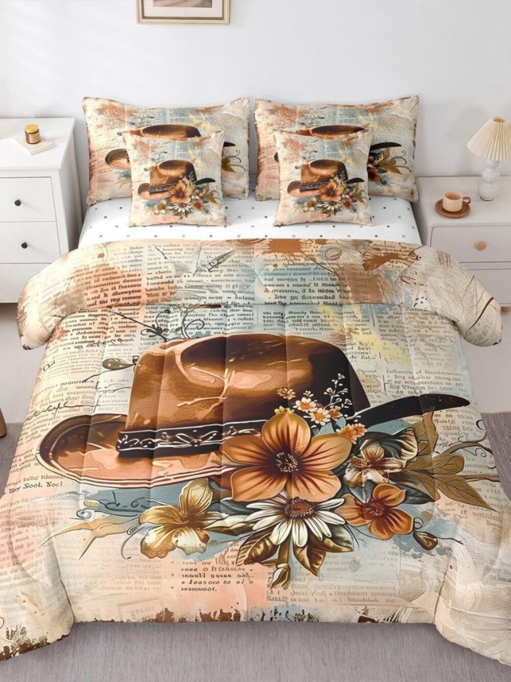 Western Cowboy 7 Piece Comforter Set Queen | Country Western Hats Bed in A Bag